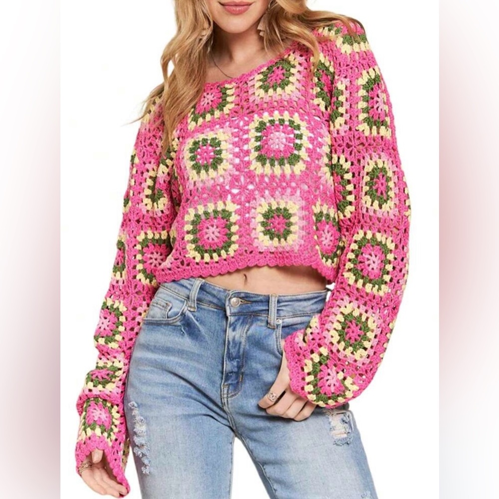 PINK Granny Square Cropped Crochet Sweater